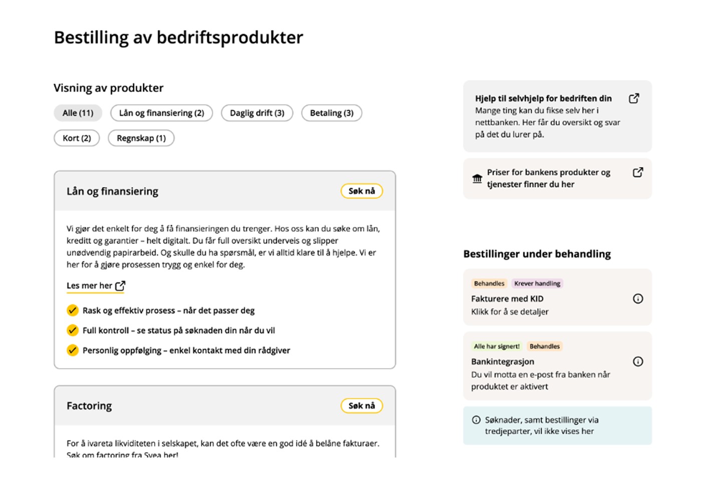 Skjermdump av hvordan oversikten over bestillinger i nettbanken ser ut